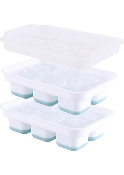 Silikon Buz Küpü Tepsileri 2 Kapaklı Set, Gıda Sınıfı Yaratıcı Viski Buz Topu Kalıp, 6 Izgara Kare Buz Kafası | (20 * 13.5 * 5.4cm)