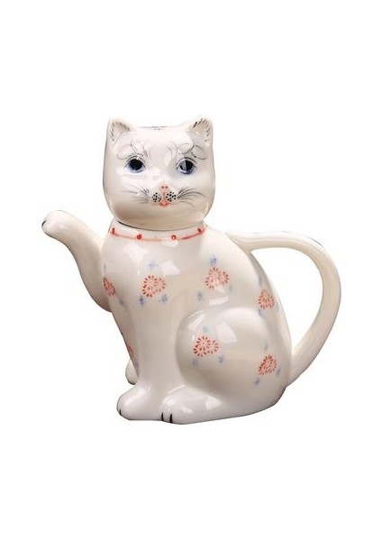 El Boyalı Mavi ve Beyaz Seramik Şanslı Kedi Çaydanlık Yaratıcı Hayvan Seramik Çay Potu Tek Pot | Pot Çay | Pot Seramik Pot Hayvan