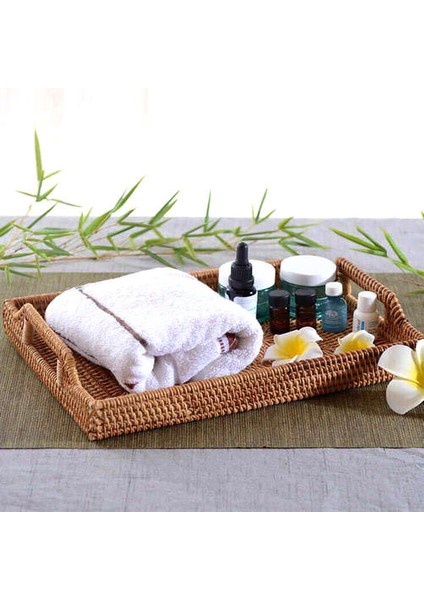 Kolu Dikdörtgen ile Rattan Servis Tepsileri El Yapımı Dokuma Tepsi Snack Plaka Rattan Dokuma Sepet Meyve Snack Ekran Tepsisi | Depolama Tepsileri (Ler)