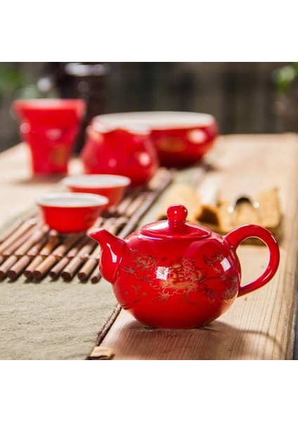 Çin Çaydanlık Porselen Kırmızı Düğün Çay Seti Hediyeler Kutlama Klasik Seramik Çin Kungfu Çay Kupası Su Isıtıcısı Infuser | Demlik Çay Kupası | Infüzyon Setinfüzer Çaydanlık