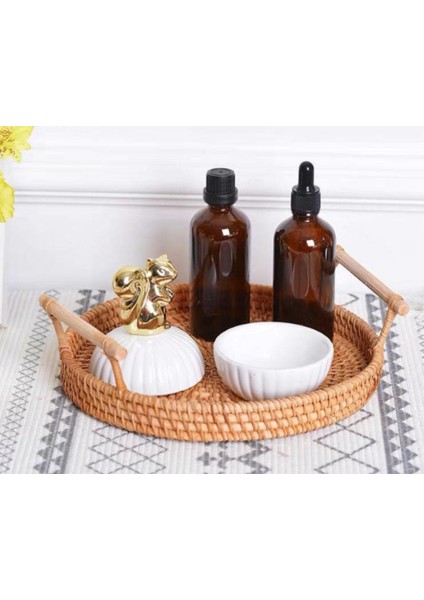 Yuvarlak Meyve Depolama Tepsi Rattan Dokuma Depolama Sepeti Ekmekler Için Snack Servis Tepsi Gıda Tabağı Masaüstü Sundries Organizatör | Depolama Tepsileri (M)