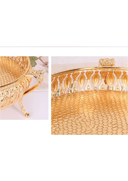Metal Tepsi Lüks Altın Finish Hollow Plaka Kuruyemiş / Meyve / Kek Standı Düğün Centerpieces Ev Masa Dekorasyon | Depolama Tepsileri (Yuvarlak) indirimleri