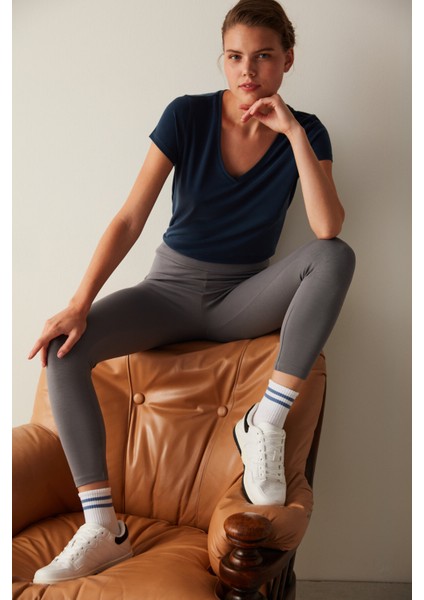 Gri Yüksek Bel Dar Paça Tayt