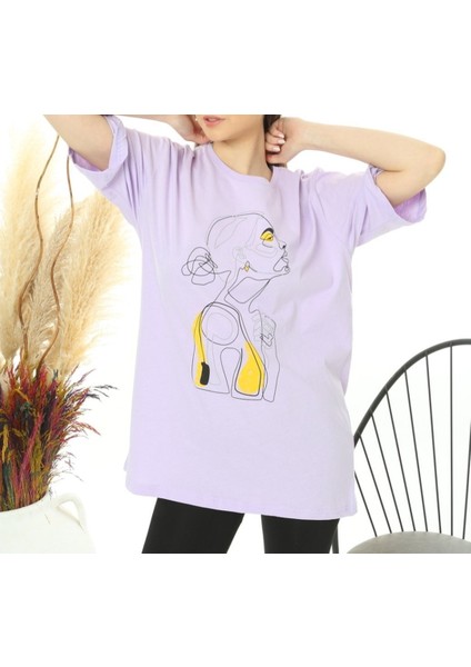 Topuzlu Kadın Baskılı Oversize Tshirt