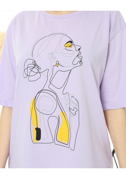 Topuzlu Kadın Baskılı Oversize Tshirt