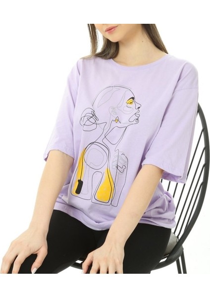 Topuzlu Kadın Baskılı Oversize Tshirt