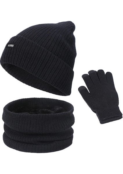 Unisex Bere Şapka Eşarp Eldiven Seti Sıcak Yumuşak Pamuk Kayak Bisiklet Balıkçılık Siyah Için(Yurt Dışından)