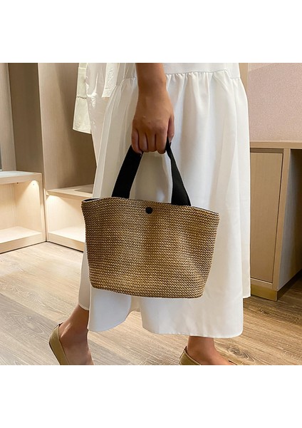 Moda Saman Dokuma Çanta Cüzdan Omuz Çantaları Tote Üst Sap Plaj Siyah(Yurt Dışından)