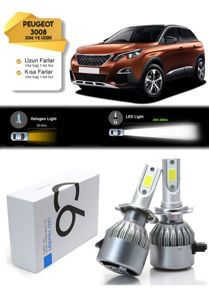 Peugeot 3008 Uzun Far Kısa Far Led Xenon Şimşek Etkili 2016 Ve Üzeri