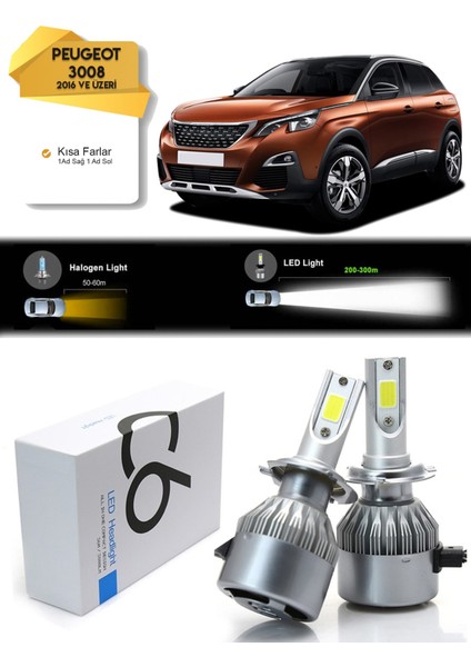 Peugeot 3008 Kısa Far Led Xenon Şimşek Etkili 2016 Ve Üzeri