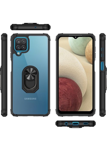 Samsung Galaxy A12 Kılıf Silikon Kenarlı Yüzüklü Manyetik Mola Kapak