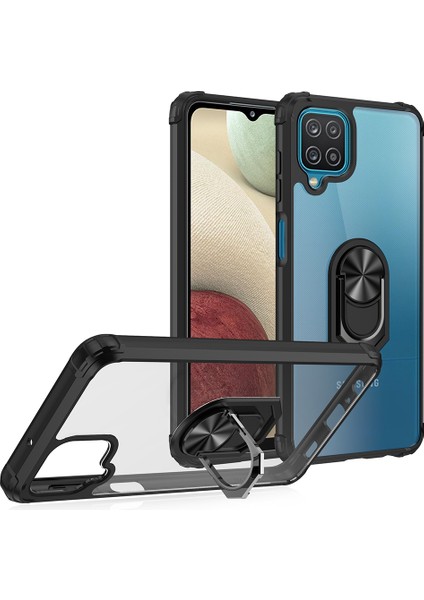 Samsung Galaxy A12 Kılıf Silikon Kenarlı Yüzüklü Manyetik Mola Kapak