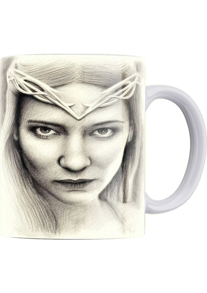 Lotr Karakalem Baskı Serisi Galadriel %100 Porselen Beyaz Kupa