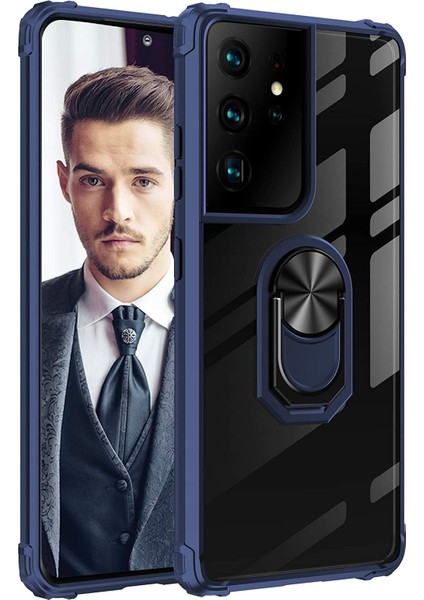 Samsung Galaxy S21 Ultra Kılıf Yüzüklü Manyetik Şeffaf Mola Kapak