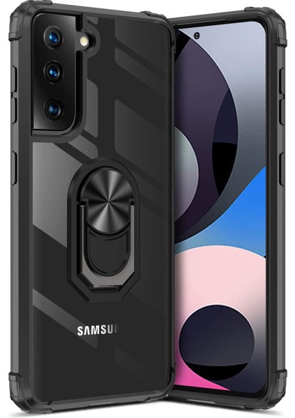 Samsung Galaxy S21 Plus Kılıf Yüzüklü Manyetik Şeffaf Mola Kapak