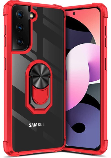 Samsung Galaxy S21 Plus Kılıf Yüzüklü Manyetik Şeffaf Mola Kapak