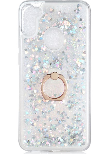 Samsung Galaxy A11 Kılıf Simli Sıvılı Kalplı Yüzüklü Milce Kapak