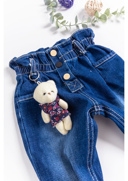 Oyuncak Ayıcıklı Kız Bebek Kot Pantolon Denim Pantolon