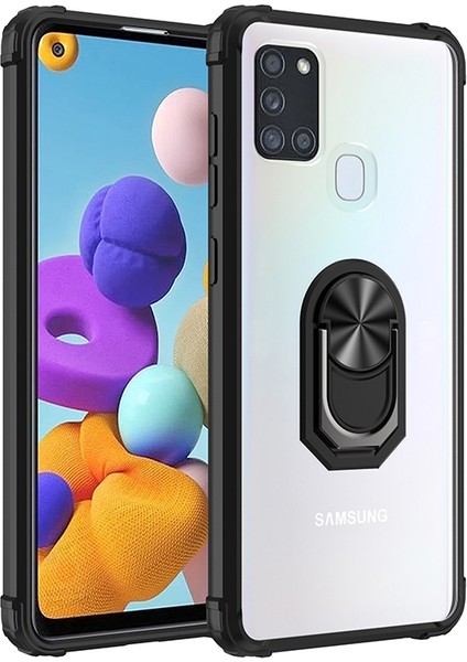 Samsung Galaxy A21S Kılıf Silikon Kenarlı Yüzüklü Manyetik Mola Kapak
