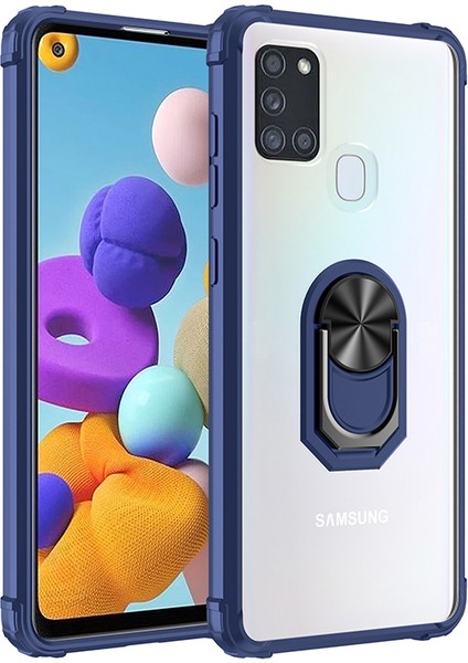 Samsung Galaxy A21S Kılıf Silikon Kenarlı Yüzüklü Manyetik Mola Kapak