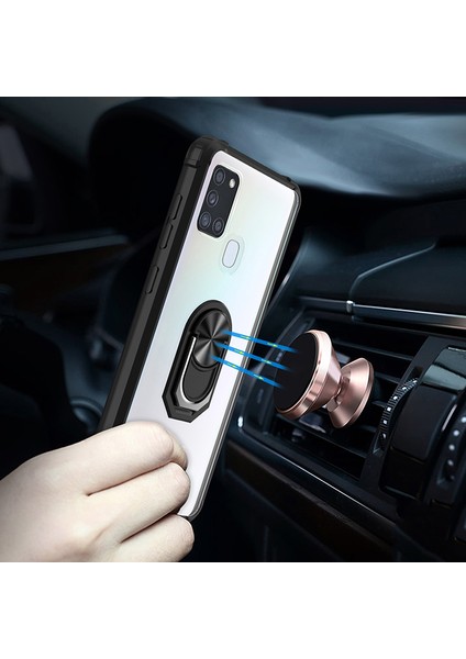 Samsung Galaxy A21S Kılıf Silikon Kenarlı Yüzüklü Manyetik Mola Kapak