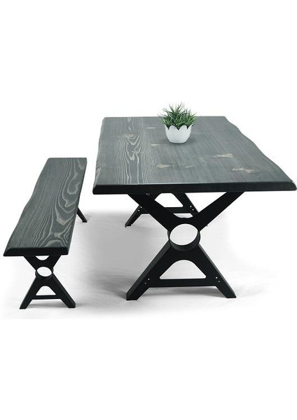 Doğal Ağaç Masif Kütük Masa ( Metal Ayak ) 60CM X150CM + 1 Bank Bench