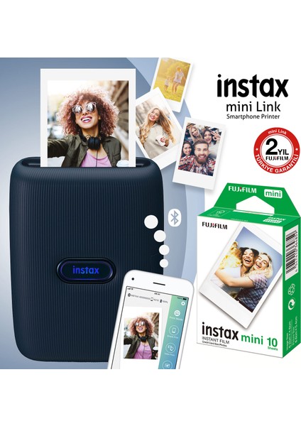 Instax Mini Link Mavi Akıllı Telefon Yazıcısı ve 10'lu Mini Film