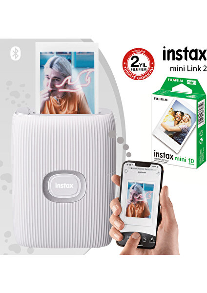 Instax Mini Link 2 Beyaz Akıllı Telefon Yazıcısı ve 10'lu Mini Film