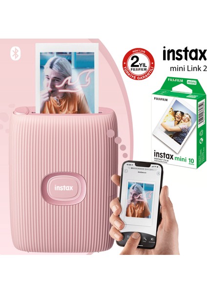 Instax Mini Link 2 Toz Pembe Akıllı Telefon Yazıcısı ve 10'lu Mini Film