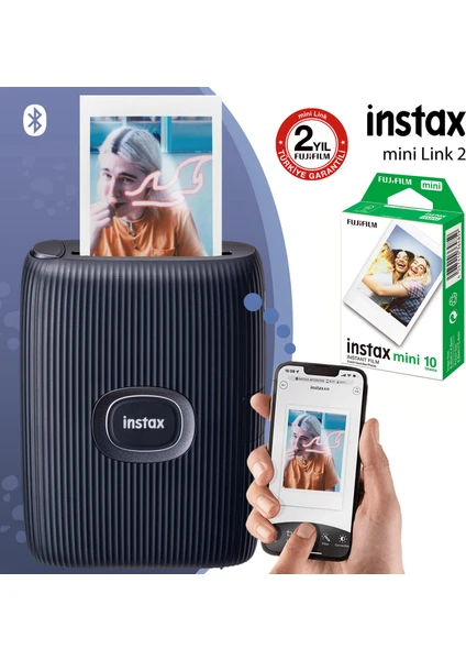 Instax Mini Link 2 Uzay Mavisi Akıllı Telefon Yazıcısı ve 10'lu Mini Film