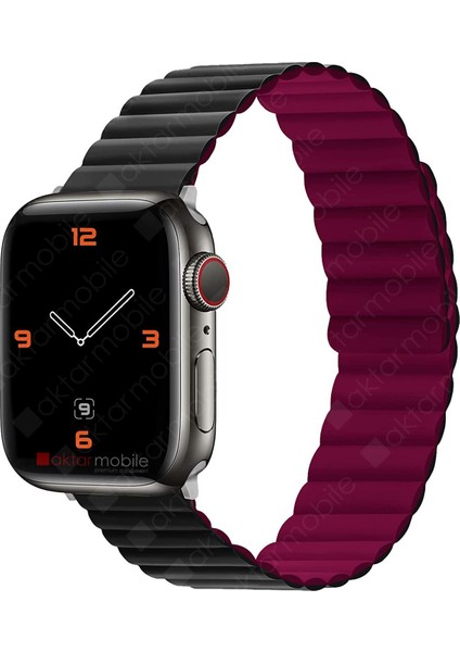 Apple Watch 8 45 mm Uyumlu Magnetik Silikon Kordon Çift Renkli Mıknatıslı Premium Kayış