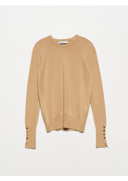 1267 Bisiklet Yaka Kol Ortası Droplu Kazak-Bej