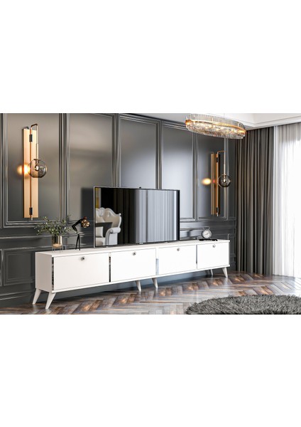Duo Tv Ünitesi Ayaklı Kullanım-Duvara Monte 240 cm Beyaz Gümüş