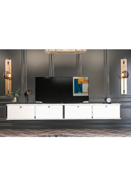 Duo Tv Ünitesi Ayaklı Kullanım-Duvara Monte 240 cm Beyaz Gümüş
