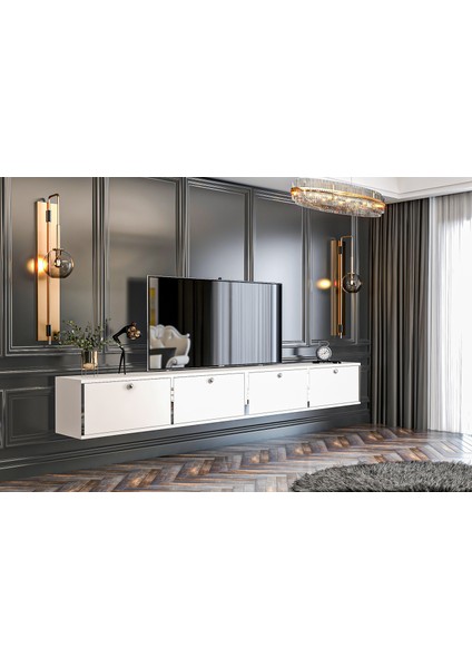 Duo Tv Ünitesi Ayaklı Kullanım-Duvara Monte 240 cm Beyaz Gümüş