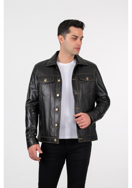 Erkek Siyah Kot Model Düğmeli Hakiki Deri Ceket