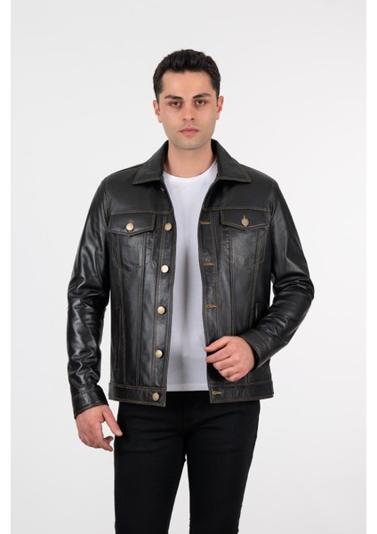 Erkek Siyah Kot Model Düğmeli Hakiki Deri Ceket