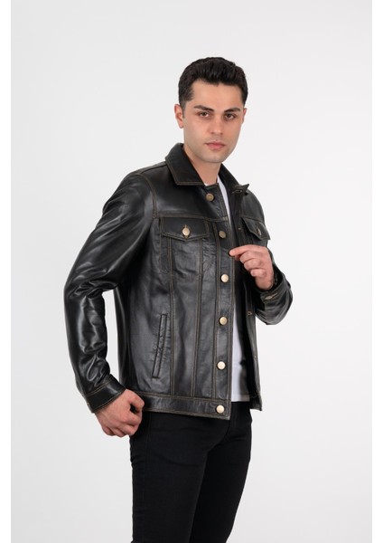 Erkek Siyah Kot Model Düğmeli Hakiki Deri Ceket