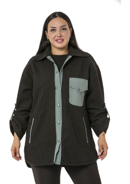 Büyük Beden Katlamalı Kollu Gri Kumaş Garnili Buklet Siyah Ceket Gömlek