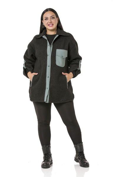 Büyük Beden Katlamalı Kollu Gri Kumaş Garnili Buklet Siyah Ceket Gömlek fiyatları