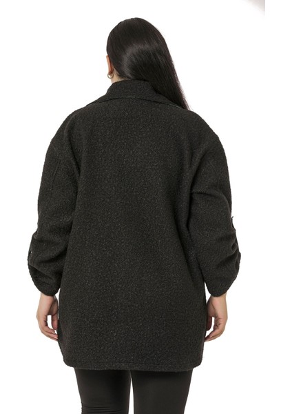 Büyük Beden Katlamalı Kollu Gri Kumaş Garnili Buklet Siyah Ceket Gömlek modelleri