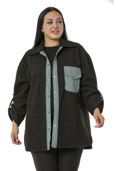 Büyük Beden Katlamalı Kollu Gri Kumaş Garnili Buklet Siyah Ceket Gömlek fırsatları