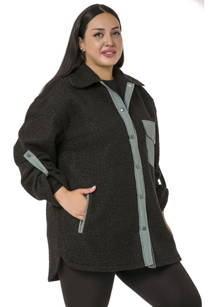 Büyük Beden Katlamalı Kollu Gri Kumaş Garnili Buklet Siyah Ceket Gömlek indirimleri