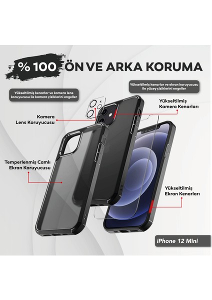 iPhone 12 Mini 5.5 Inç Için Tasarlanan 1 Paket Temperli Cam Ekran Koruyucu + 1 Paket Kamera Lens Koruyucu (Askeri Sınıf Koruma) Darbeye Dayanıklı Ultra-Ince Defender Kılıf