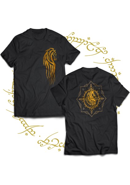 Lotr Rohan Çift Baskılı %100 Pamuk Siyah Büyük Beden T-Shirt