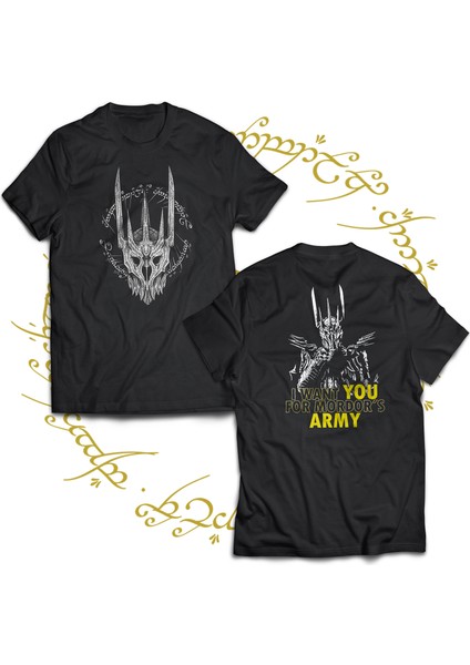 Lotr Sauron Çift Baskılı %100 Pamuk Siyah Büyük Beden T-Shirt