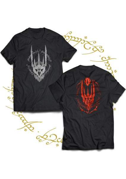 Lotr Sauron Çift Baskılı %100 Pamuk Siyah Büyük Beden T-Shirt