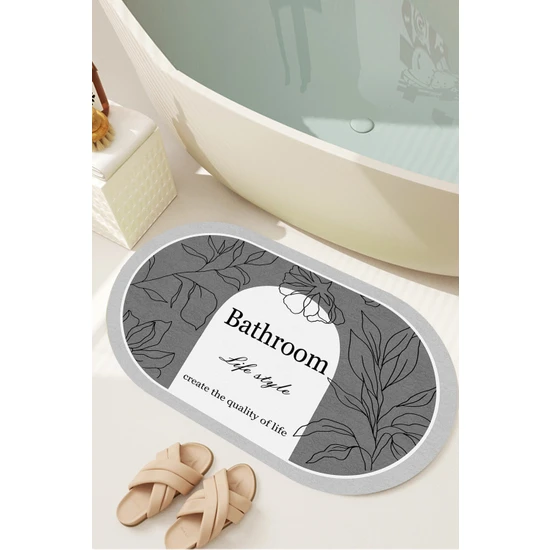 Decomia Home Dijital Kaymaz Yıkanabilir Bath Bathroom Yaprak Banyo Paspası Banyo Halısı  DC-8049-GRI