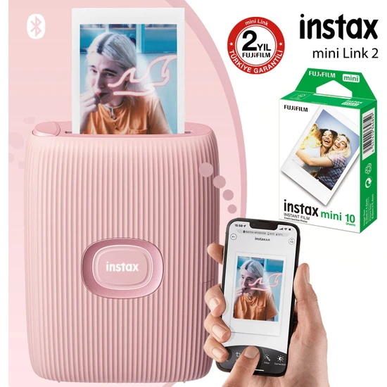 Instax Mini Link 2 Toz Pembe Akıllı Telefon Yazıcısı ve 10'lu Mini Film