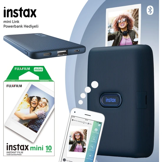 Instax Mini Link Mavi Akıllı Yazıcı - 10'lu Mini Film+ Powerbank